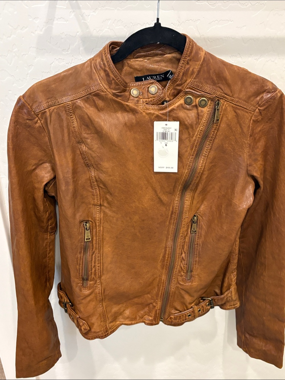 NWT Ralph Lauren Brown Leather Moto Jacket coat size 6